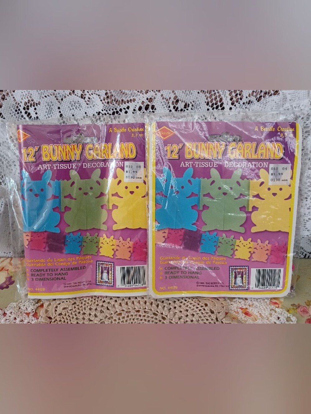VINTAGE 1990 LOT OF 2 NEW IN PACKAGE 12' BUNNY GARLAND ART-TISSUE DECORATION USA